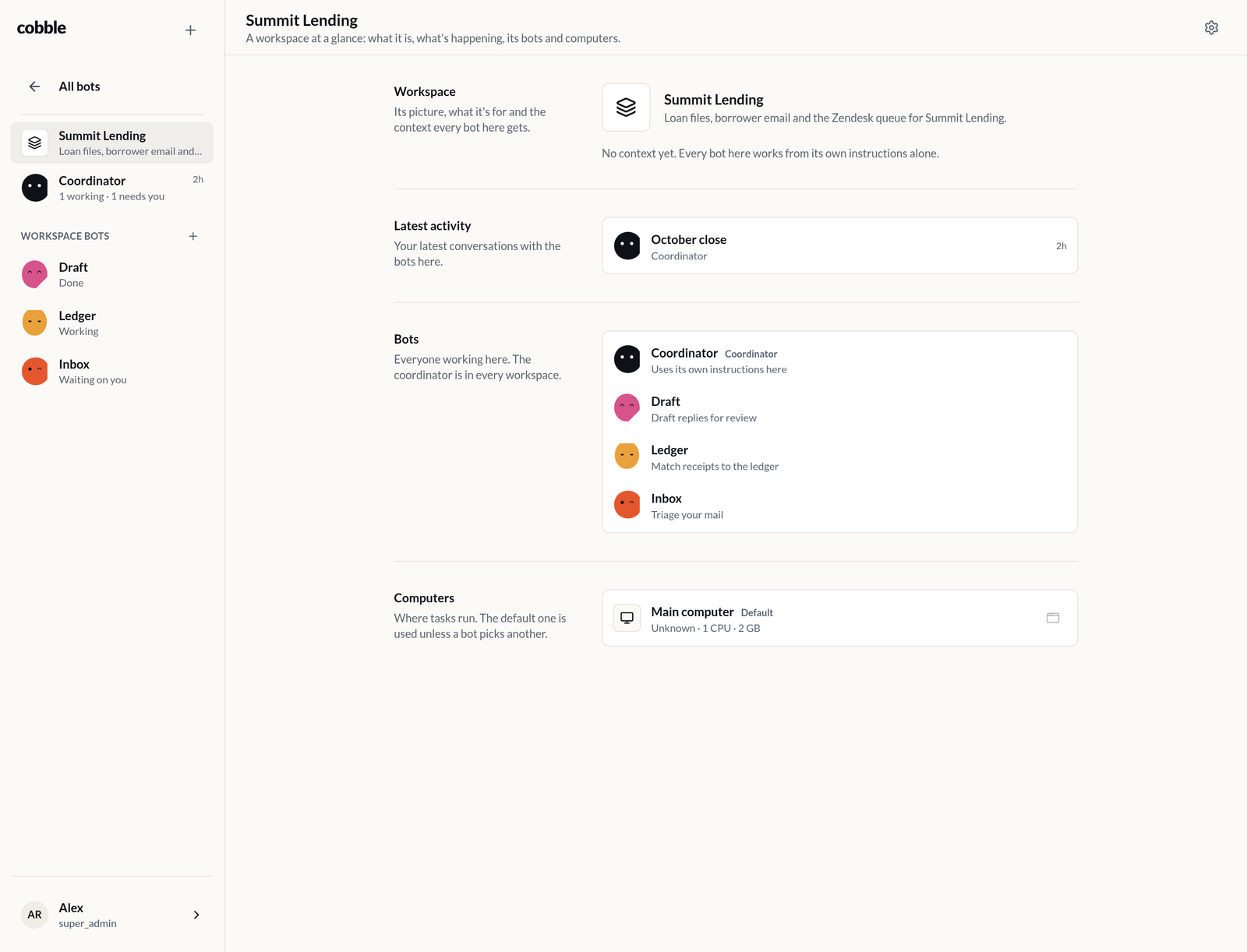 A workspace dashboard in Cobble