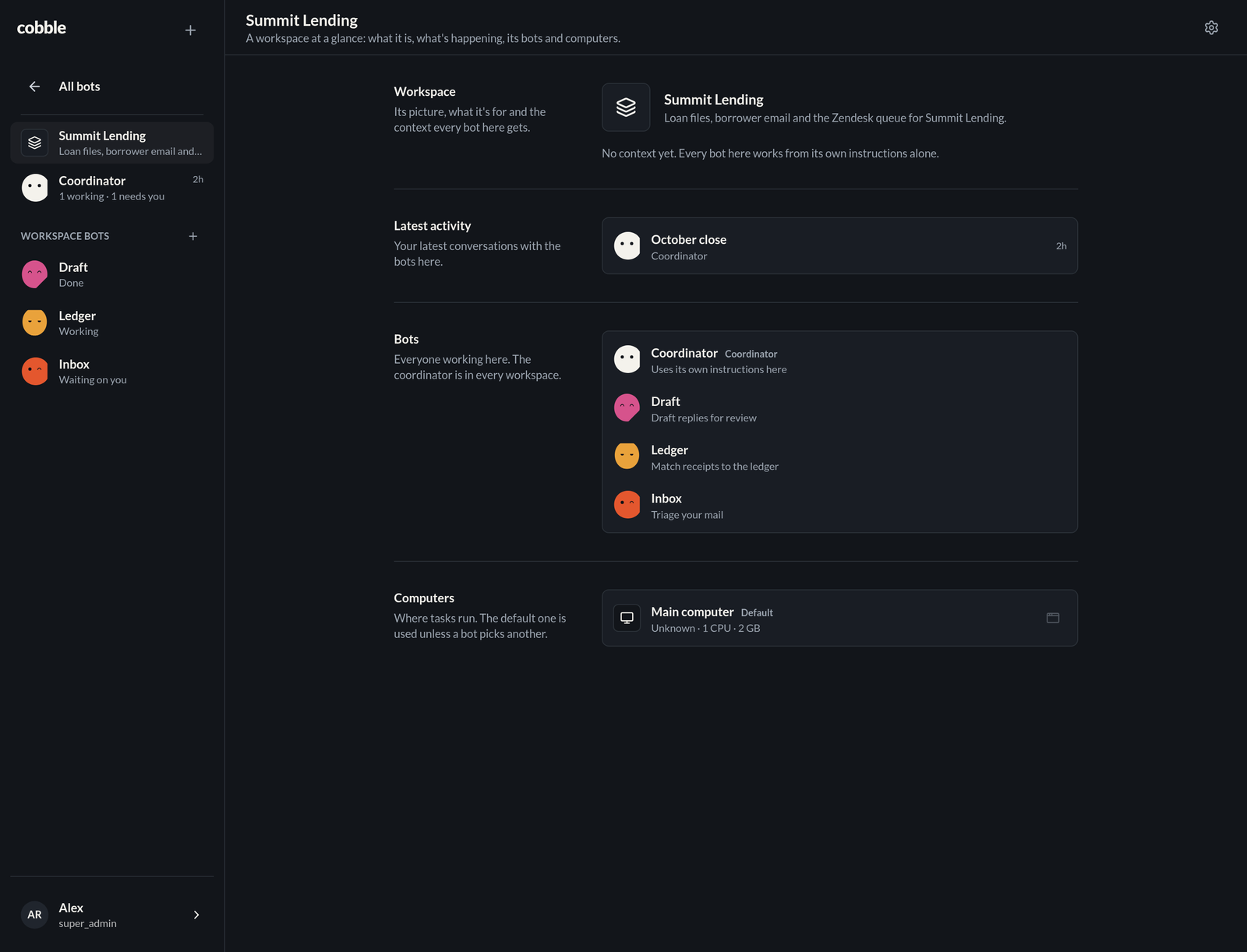 A workspace dashboard in Cobble, dark mode